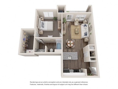 Floor plan for 1 bed, 1 bath, 595 sqft